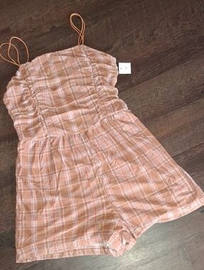 Ultra Flirt Peach Plaid Smocked Tank Romper